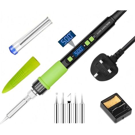 90-W-LCD-Lötkolben-Set mit automatischer Schlaffunktion, einstellbarer Temperatur 180 °C–500 °C, 5 Lötspitzen + Ständer + Lötdraht