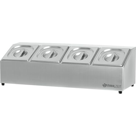 Mahlzeit Edelstahl Zutatenbehälter  4 x 1/6 GN Behälter mit Gummifüße  68,5 x 24,5 x 21,5 cm