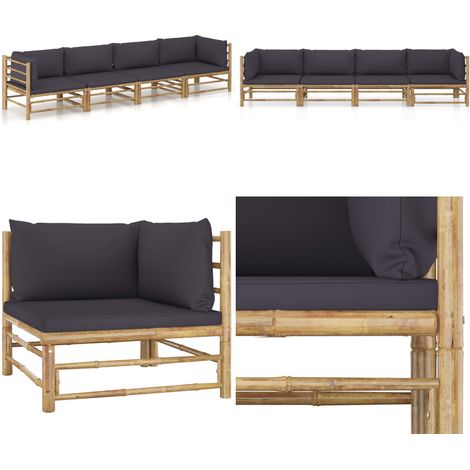 Set de muebles de jardín 4 piezas bambú y cojines gris oscuro - Cojines de jardín - Sofás de jardín