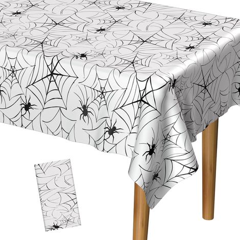 1 nappe d'Halloween 137 x 274 cm, motif toile d'araignée, en plastique, motif Joyeux Halloween (blanche) (1/5)