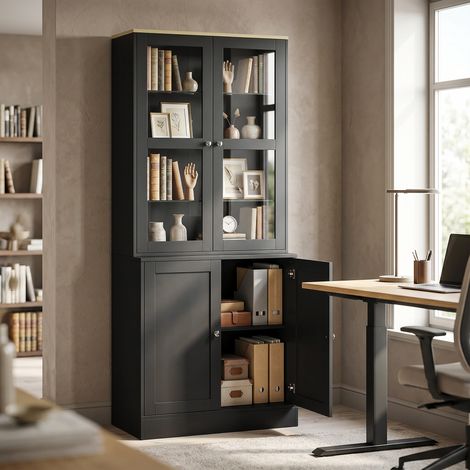 Bibliothèque vitrine, meuble de rangement à 6 niveaux avec 4 portes dont 2 en verre trempé, étagères réglables, noir (1/5)