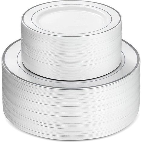 50 Assiettes en Plastique Bord Doré et Argenté, 25 Assiettes Plate 15 cm et 25 Assiettes Creuses 23 cm pour Fêtes et Événements