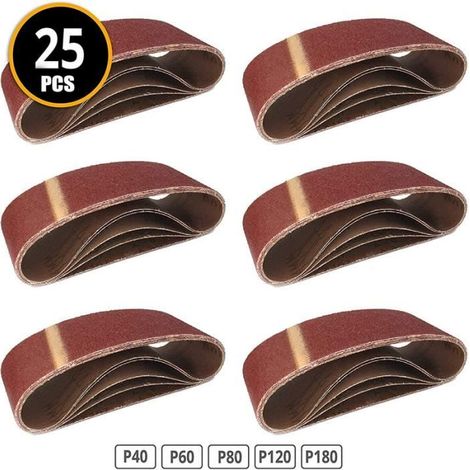Bandes Abrasives en Tissu │ 25 pièces │ 75 x 533 mm │ Mixpack (5 x grain 40/60/80/120/180 chacun) │ pour ponceuses à bande │ Papier (1/4)