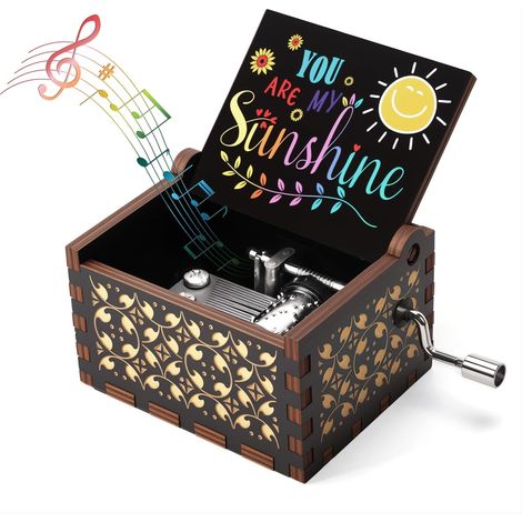Carillon in legno a manovella, "You Are My Sunshine", carillon retrò, regalo ideale per compleanno, Natale, per coppie, bambini, amici, nero (1/5)