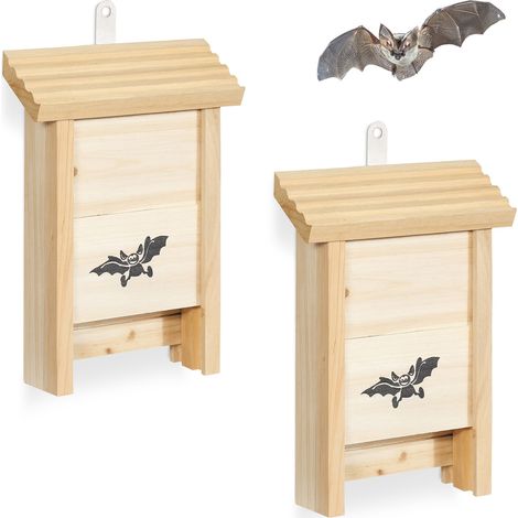 Relaxdays Fledermauskasten, 2er Set, Unterschlupf für Fledermäuse, unbehandeltes Holz, HBT: 25 x 18 x 6 cm, natur