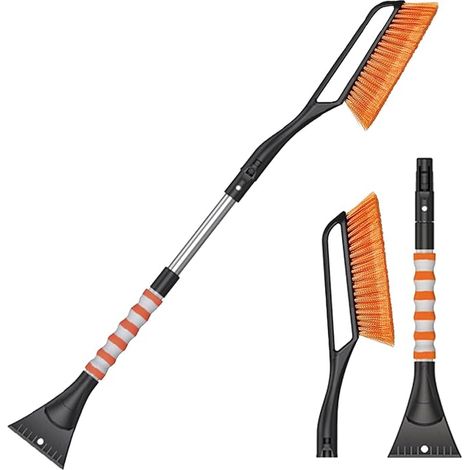 Grattoir Voiture Givre 2 en 1, Raclette Antigivre avec Balai de Telescopique et Poignée Antidérapant, Degivreure Vitre pour Pare Brise de Hiver, Pelle à Glace et Neige Détachable SUV Camions (Orange)