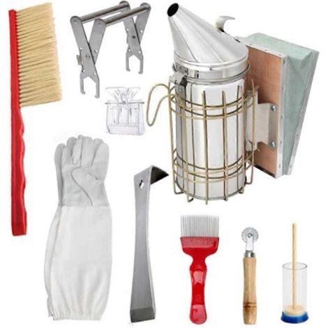 Imkerwerkzeugset aus Edelstahl: Räucherofen, Bürste, Handschuhe, Schaber, Honigmesser, Clip – Zubehör für Anfängerimker B