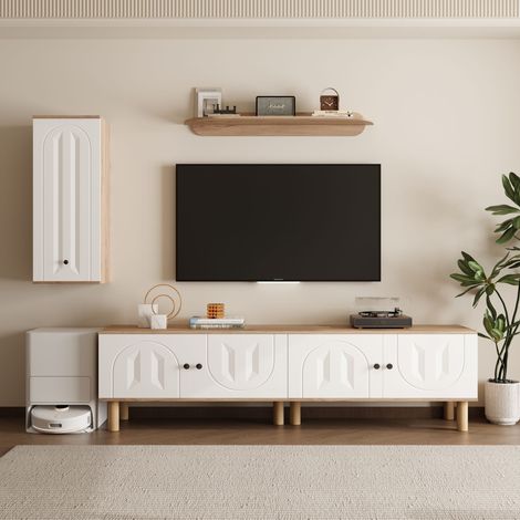 Meuble TV, 3 pces, comprenant 1 étagère murale et une armoire murale, espace de rangement, avec finition sculptée, moderne, en bois, Blanc (1/5)