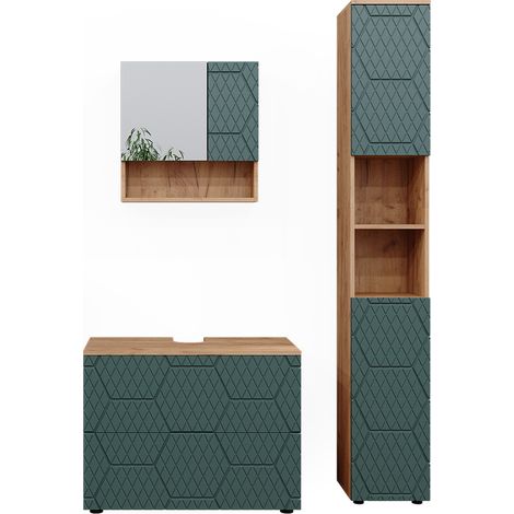 Ensemble de meubles de salle de bain Irma, Vert, 3 pièces, avec armoire à tiroirs et armoire haute, Vicco