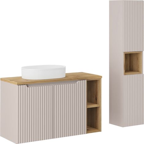 Waschtisch und Hängesäule 100.4cm Riva, Kaschmir und Holzoptik