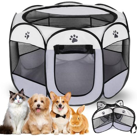 Parc pliable pour chiot - 74 x 74 x 43 cm - Enclos pour petits animaux - Pour la maison, les chiens, les chats, les lapins, l'intérieur et l'extérieur (gris) (1/5)