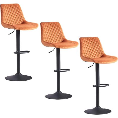AINPECCA Velvet Orange Bar Stools Set of 3 Modern Swivel Height Adjustable Barstools with Black Metal, Armless Large Padded Cushion Breakfast Counter Chairs for Kitchen Island, Pub, Restaurant, Café