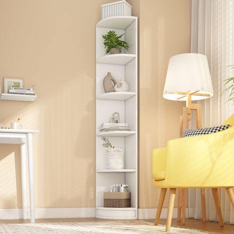 Étagère d'angle blanche en MDF, 5 étagères, design épuré, grande solidité et capacité de charge élevée, meuble de rangement solide