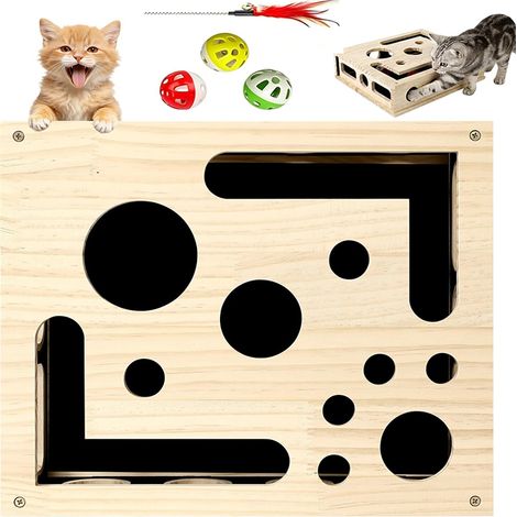 Jouet pour chat, Boîte à énigmes en forme de labyrinthe – Jeu de griffoir intérieur avec balles et baguette à plumes – Idéal pour stimuler l’instinct de chasse (1/5)