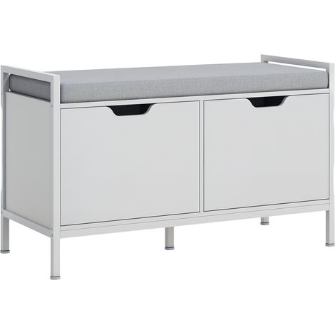 Banc meuble à chaussures. 2 placards. meuble d'entrée avec coussin rembourrée. 84l x 35P x 50H cm. blanc
