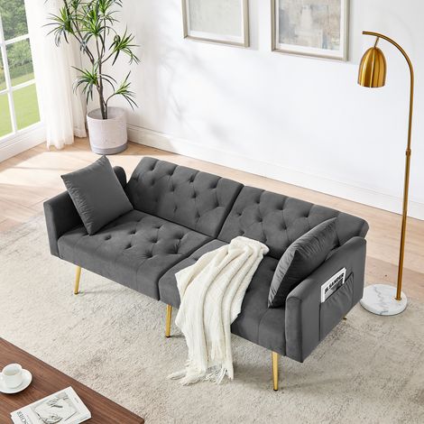Canapé droit 2 places en velours gris, 177x78x74 cm, dossier réglable 3 positions, 2 coussins inclus, pieds métal doré, style moderne (1/5)