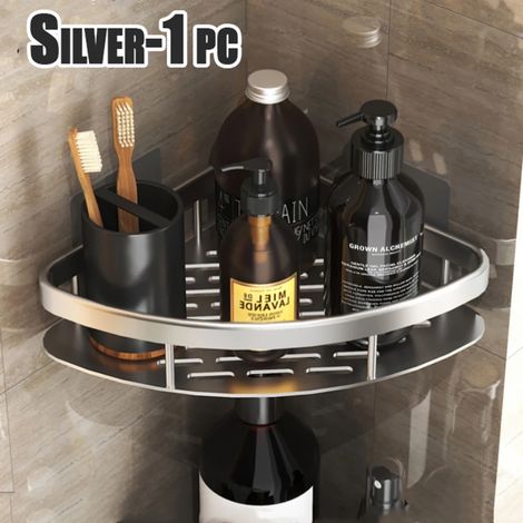 (Silver-A-1PCS) Étagère d'angle rectangulaire murale pour salle de bain, porte-serviettes, étagère murale pour douche, porte-shampoing, étagère trépied sans perçage (1/5)