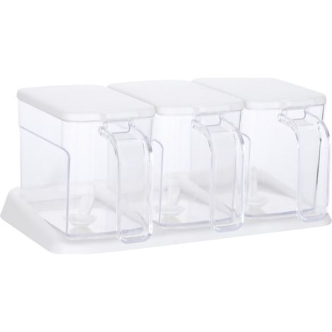 Große, transparente Gewürzbox mit 3 Fächern und Löffeln für die Küche, Weiß (1/5)