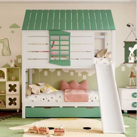 lit superposé enfant tiroir gigogne 90x200 blanc vert OKMYHOME (1/5)