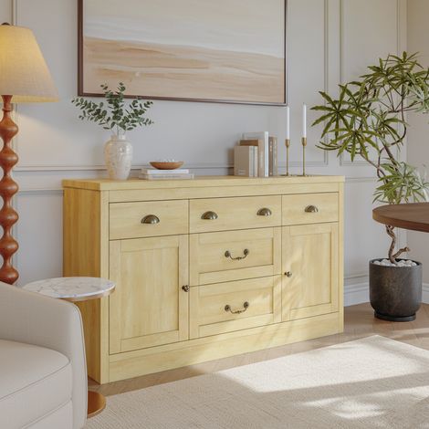 Buffet 5 tiroirs 2 charnières portes- Poignées en métal de 3 formes - étagères réglables - 135x39x80 cm - bohème - couleur bois naturel (1/5)