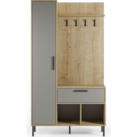 Meuble d'entrée avec porte-manteau aspect bois coloris vert et chêne, pieds en métal noir - Longueur 108 x Profondeur 35 x Hauteur 195,3 cm (1/5)