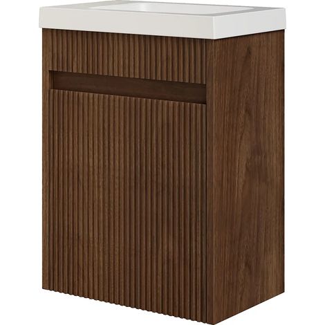 Meuble lave main suspendu strié en bois de frêne avec vasque en résine blanc mat - Naturel foncé - 40 x 25.5 x 54 cm - DROVI (1/4)