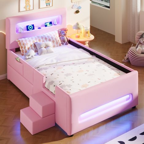 Cama tapizada con cajón LED PU 90x200 rosa DESVIAE (1/5)