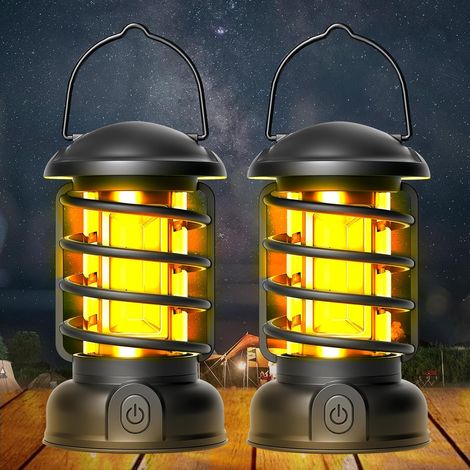 Lámpara LED de camping portátil: 2 piezas lámpara LED de camping, IPX4 impermeable linterna de campamento, linterna USB recargable para acampar retro con gancho, brillo ajustable, adecuado para pesca (1/5)