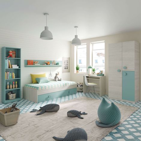 Dormitorio Completo para Habitación Juvenil o Infantil en Color Verde y Blanco con un Somier Incluido