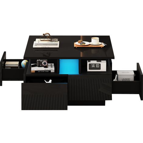 Table basse carrée 70 x 70 x 40 cm avec LED, 4 tiroirs, finition haute brillance noire, rangement 3 niveaux pour petit salon, style géométrique - CHICFURN (1/5)