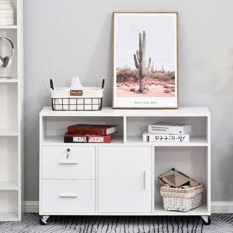 Mobiletto ausiliario per ufficio HOMCOM con ruote, ripiani e cassetti, mobile multiuso con ampio spazio di archiviazione, 100x35x65 cm, bianco.