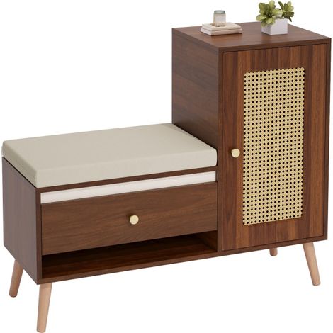 Meuble à chaussures avec banc en rotin et coussin, rangement entrée noyer