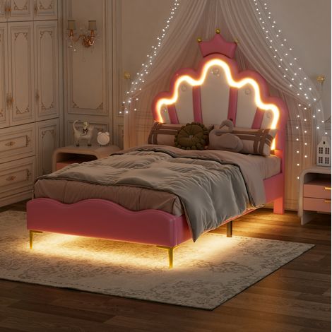 DESVIAE Lit enfant princesse avec couronne et éclairage LED lit plat 90 x 200 cm rose en simili cuir et MDF (1/5)