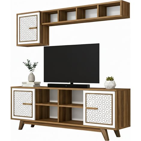 Dmora - Mobile porta TV Diph, Credenza da soggiorno, Armadio basso per TV, Base parete attrezzata, 160x35h56 cm, Noce e Bianco, con imballo rinforzato, con imballo rinforzato