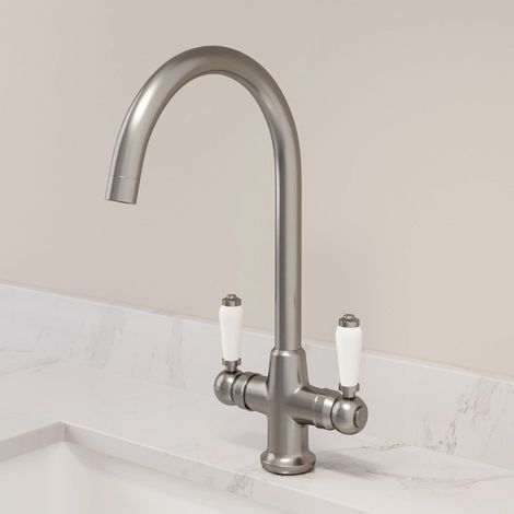Kitchen Tap Dual Twin Lever Modern Mono Sink Mixer Hot Cold Faucet - Burford Brushed Nickel Finish (1/7)