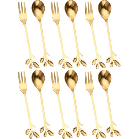 Juego de 12 utensilios de acero inoxidable (6 cucharas + 6 tenedores) con forma de hoja, para postres y aperitivos.