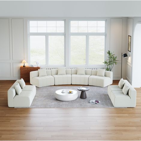 Canapé modulable courbé en chenille beige avec 2 coussins, design semi-circulaire REDOM (1/5)