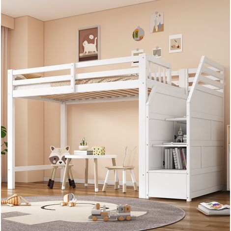 Letto a soppalco per bambini 90x200 cm con scala contenitore, pino e MDF, bianco (1/5)