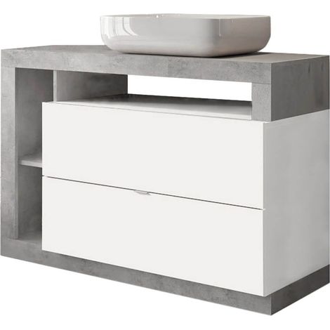 ARTURO - Meuble Vasque 110cm 2 tiroirs blanc laqué et aspect béton (1/5)