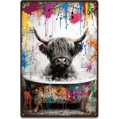 1Pcs Plaque Metal Vintage Vache Highland 30x20cm Décor Mural Vache Baignoire Plaque Metal Decorative Graffiti Coloré Affiche Vintage pour Salle de Bain Véranda Chambre Coloré (1/5)