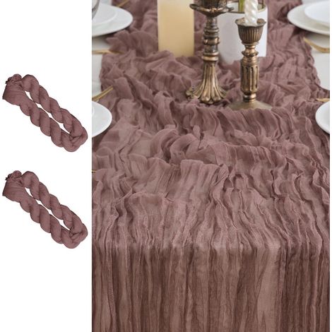 2er Set Tischläufer Gaze Stoff 90x300cm Dunkelbraun Rot Boho Rustikal