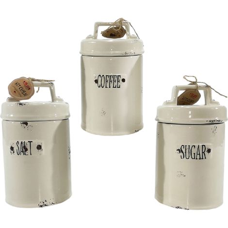 Set 3 Barattoli in Ceramica Vintage posta sale zucchero cafféda cucina Ermetici con Scritta salt coffee sugar cl 60