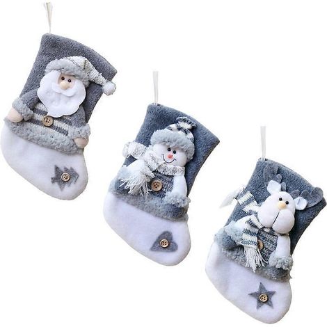 Lot de 3 adorables pochettes cadeaux de Noël, sacs à bonbons, chaussettes de Noël, décorations à suspendre au sapin (Père Noël + Bonhomme de neige + Renard)-2011cm