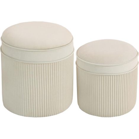 Ensemble de 2 poufs de rangement avec couvercles, repose-pieds ronds aspect velours, 36 x 36 x 41,5 cm, blanc crème