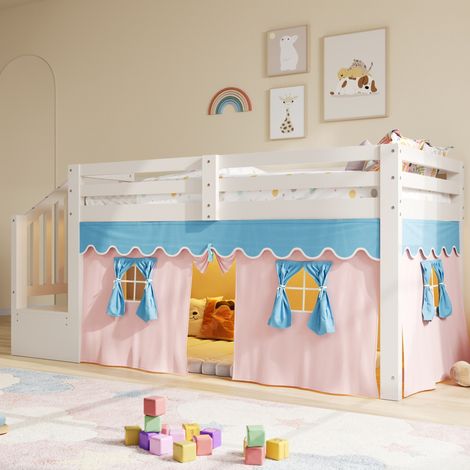 Cama infantil semialta 90 x 200 cm en pino y MDF, con cortinas opacas, LED, blanca HAVRYA (1/5)