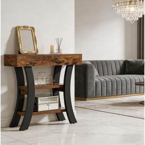 Mesa consola de MDF y metal negro/marrón rústico 105 cm con 3 estantes (1/5)