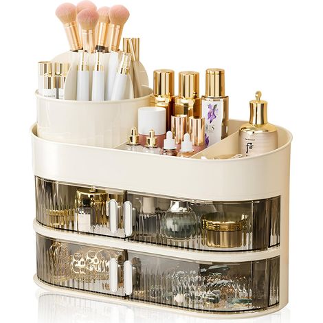 Organizador giratorio de 360° con 2 cajones antipolvo y tapa, caja para productos de cuidado facial para tocador o baño. (1/5)
