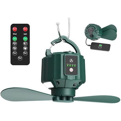 Ventilateur de plafond de camping portable rechargeable USB 5200 mAh avec télécommande, pour tente, voyage, pêche, randonnée et barbecue (1/5)