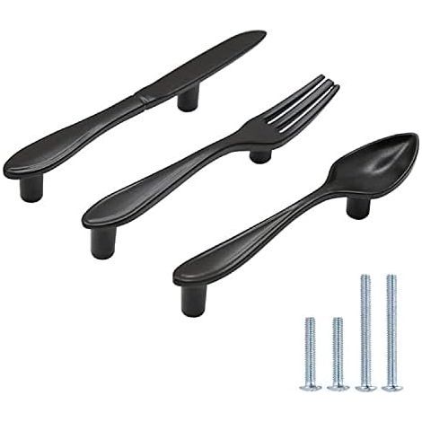 Set di 3 maniglie per mobili e porte a forma di cucchiaio, coltello e forchetta, foro centrale da 7,6 cm, nero opaco. (1/5)