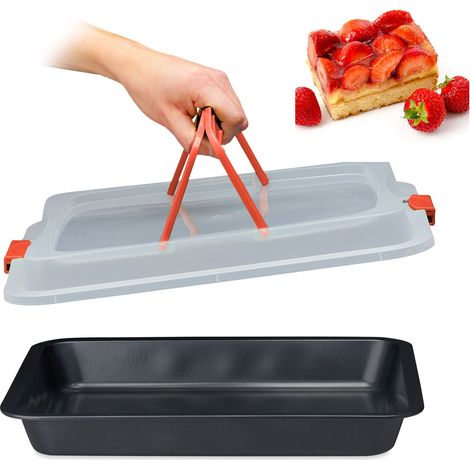 Relaxdays Baking Tray with Lid, Cake Carrier, Kitchen Storage Container with Handles, WxD:  40.5 x 32.5 cm, Black/Red
